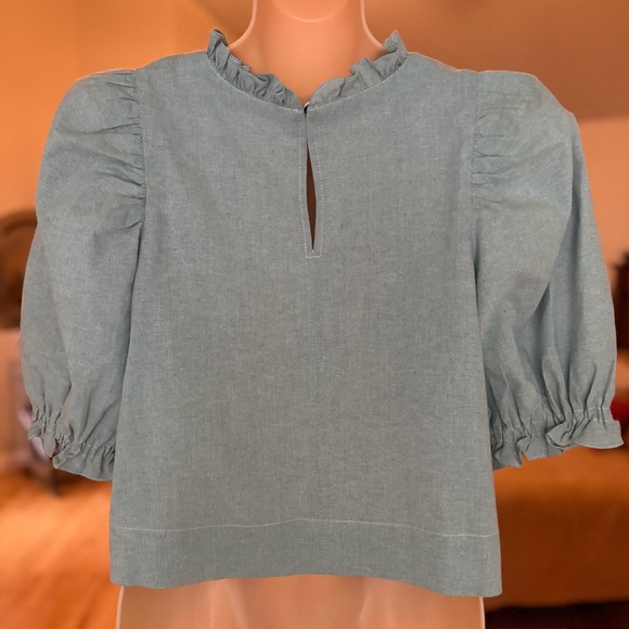 Light Pastel Blue Green Ruffled Puff Sleeve Babydoll Crop Top, M - Picture 7 of 9